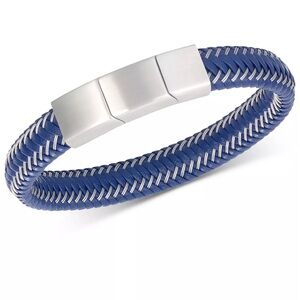 Men's Blue Leather Braided Bracelet in Stainless Steel